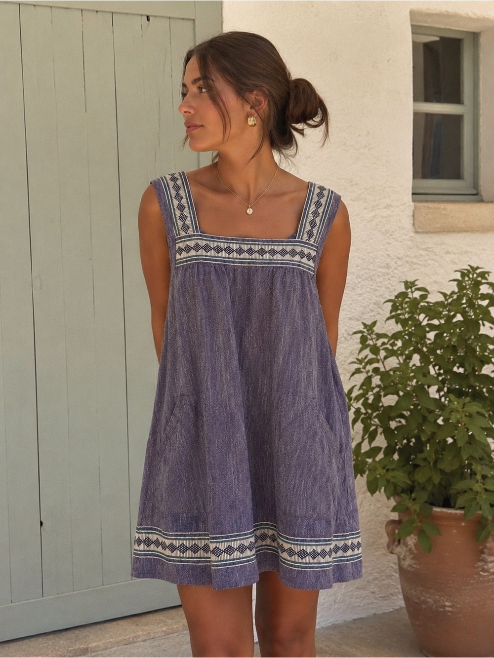 Faherty Organic Cotton Shift Dress XL Blue Boho Artisan Pockets Coastal Grandma